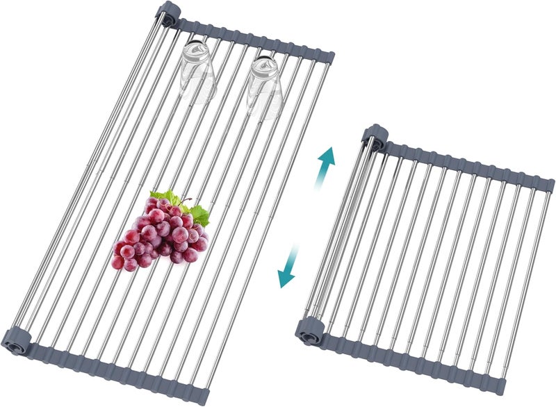 BBXTYLY Extra Expandable Roll Up Dish Drying Rack,Over The Sink Drying Rack Sink Cover Kitchen Sink Accessories Kitchen Rolling up Stainless Steel Drainer, Foldable,Rollable（Gray，22.8''-12.4''） - Image 1